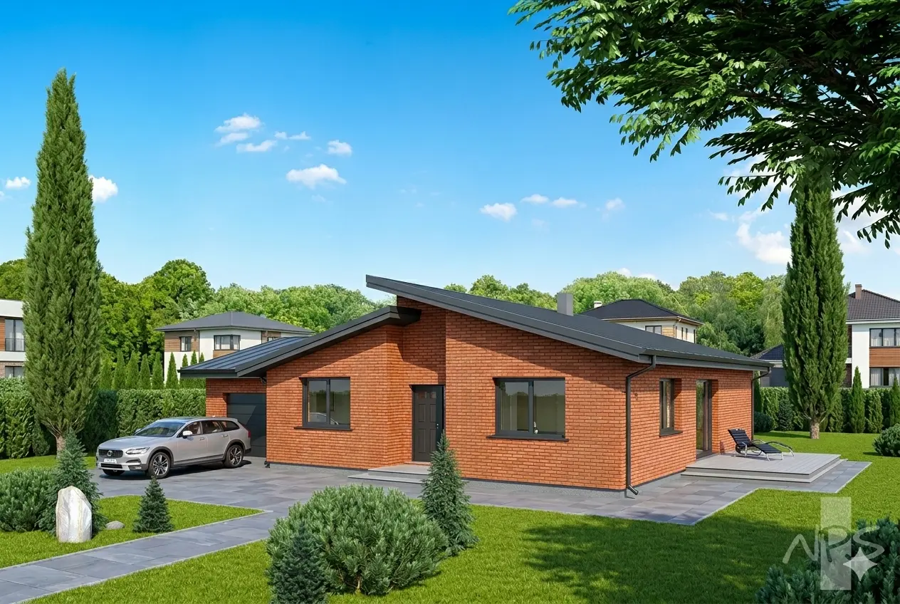 Projekt domu jednorodzinnego o pow. 157 m²: Parterowy, 3 Sypialnie, 1 Łazienki, Otwarta kuchnia, Garaż