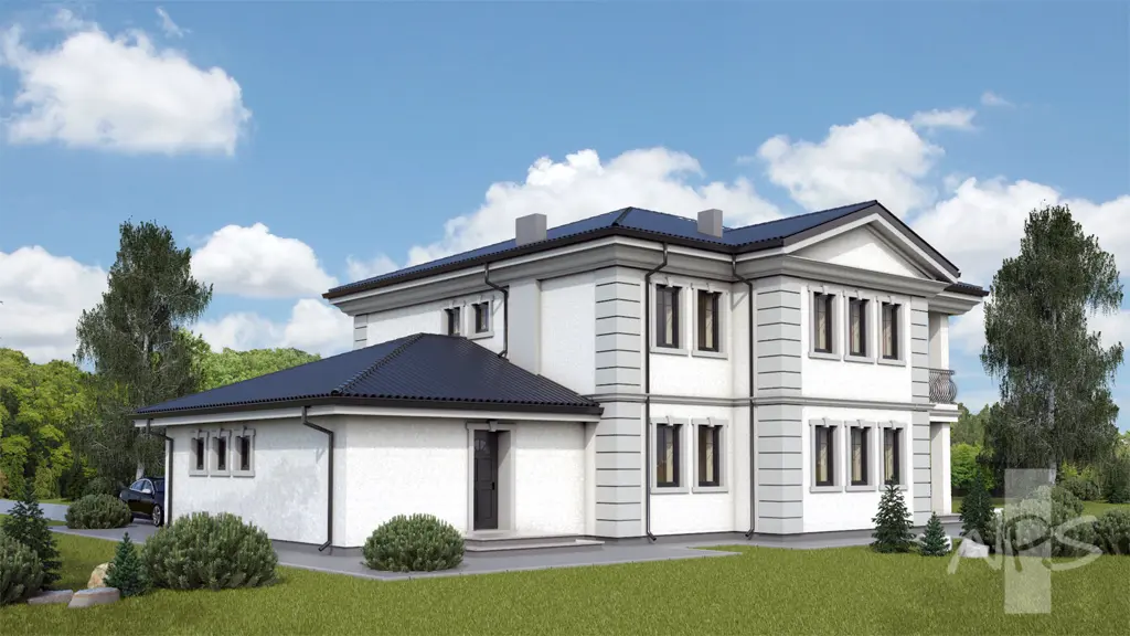 Projekt domu jednorodzinnego o pow. 309 m²: Piętrowy, 4 Sypialnie, Gabinet, 2 Łazienki, Garaż