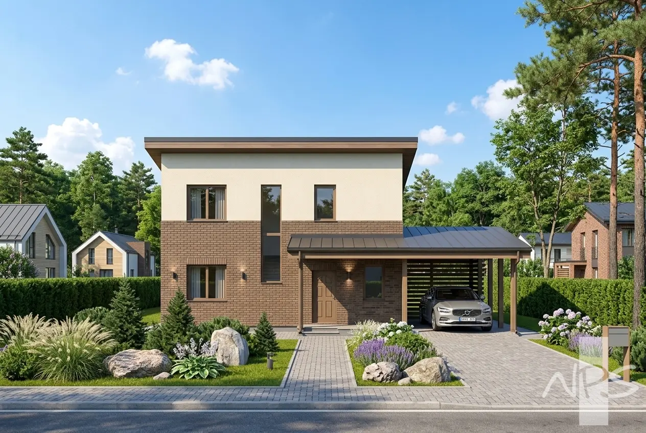 Projekt domu jednorodzinnego o pow. 149 m²: Piętrowy, 3 Sypialnie, Gabinet, 2 Łazienki, Otwarta kuchnia, Wiata