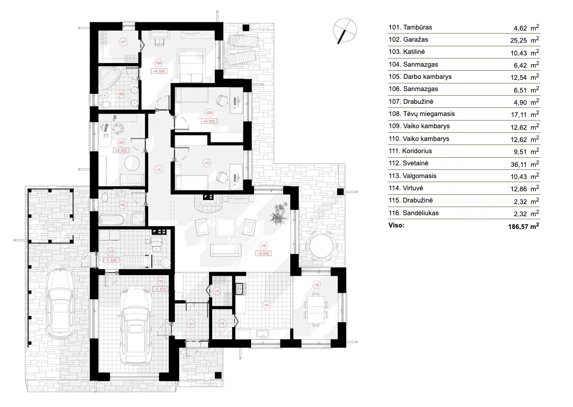 Projekt domu jednorodzinnego o pow. 187 m²: Parterowy, 3 Sypialnie, Gabinet, 2 Łazienki, Otwarta kuchnia, Wiata