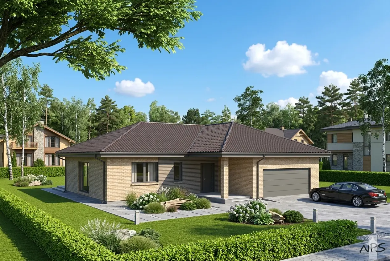 Projekt domu jednorodzinnego o pow. 167 m²: Parterowy, 3 Sypialnie, 2 Łazienki, Otwarta kuchnia, Garaż