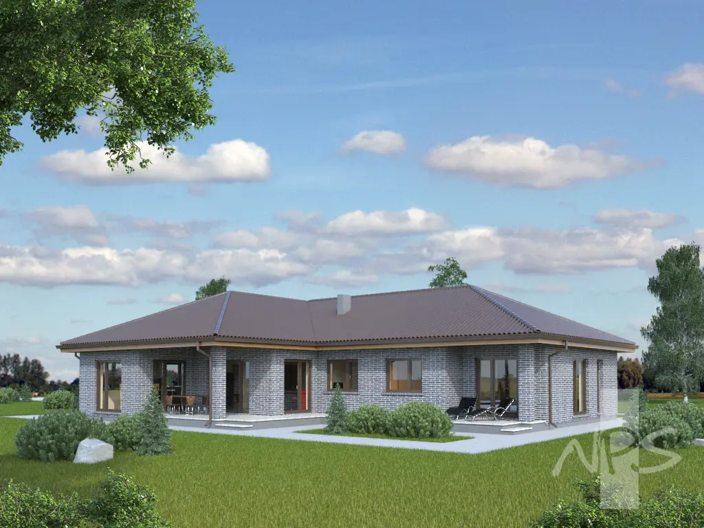 Projekt domu jednorodzinnego o pow. 186 m²: Parterowy, 3 Sypialnie, Gabinet, 2 Łazienki, Otwarta kuchnia, Wiata