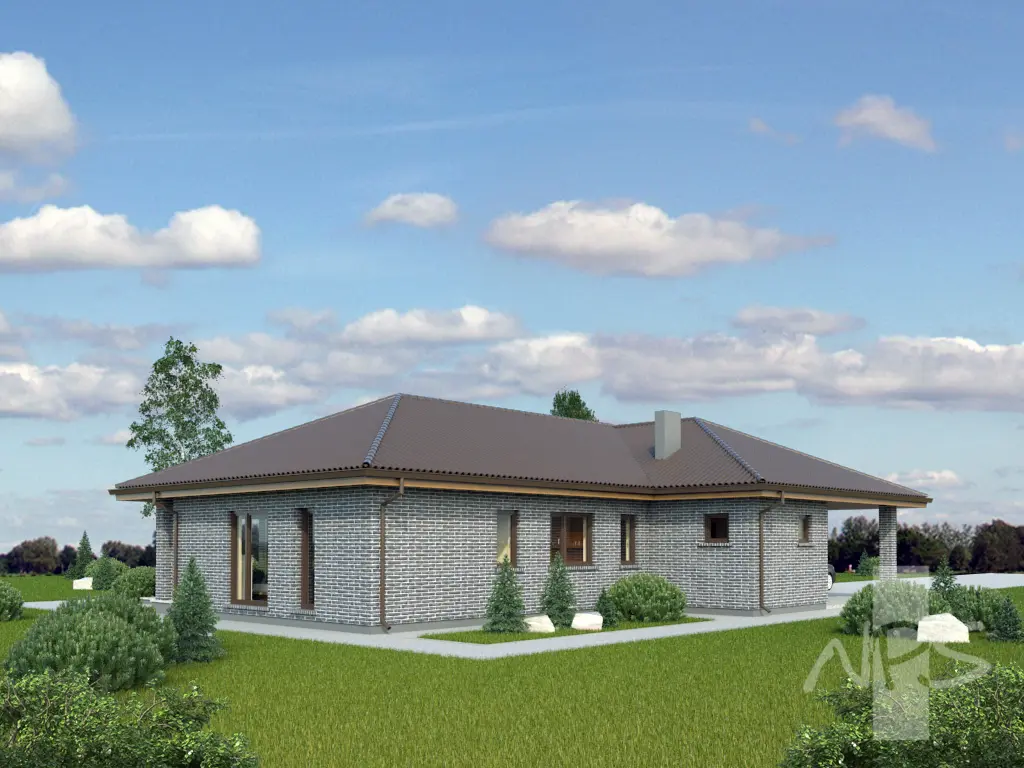 Projekt domu jednorodzinnego o pow. 186 m²: Parterowy, 3 Sypialnie, Gabinet, 2 Łazienki, Otwarta kuchnia, Wiata
