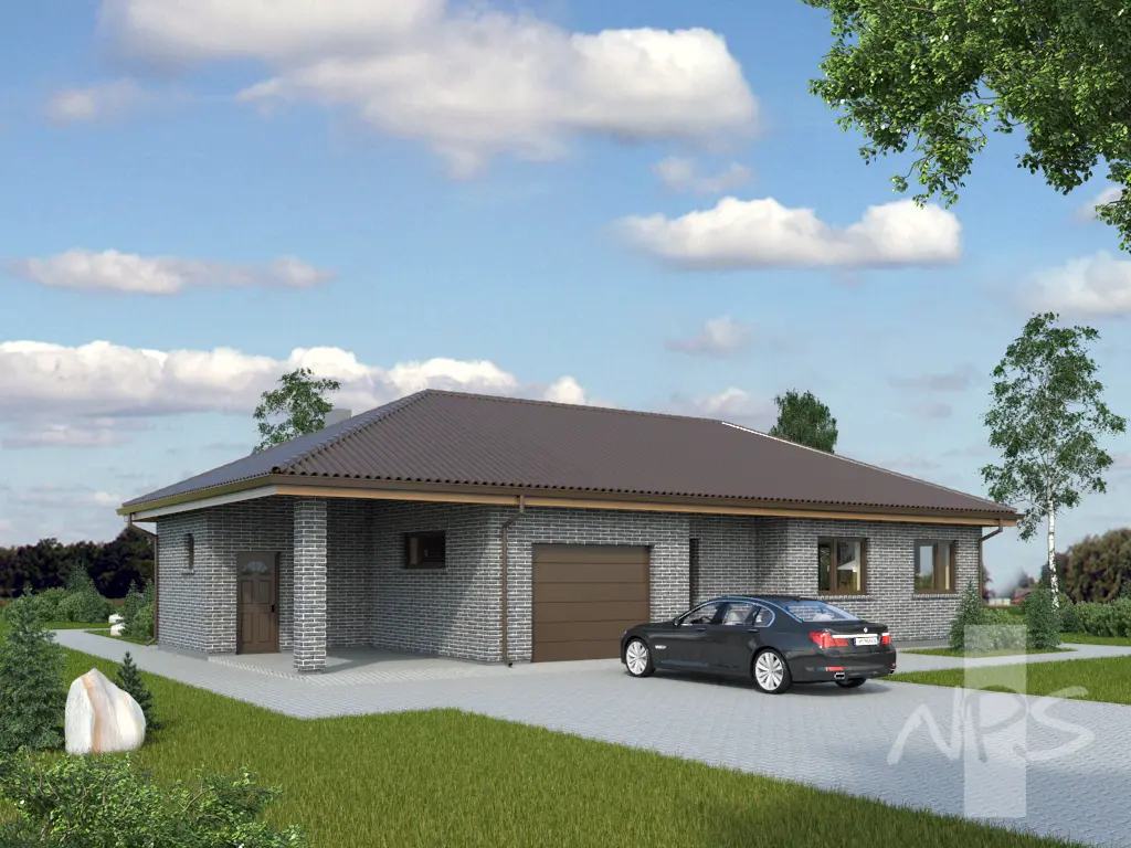 Projekt domu jednorodzinnego o pow. 186 m²: Parterowy, 3 Sypialnie, Gabinet, 2 Łazienki, Otwarta kuchnia, Wiata