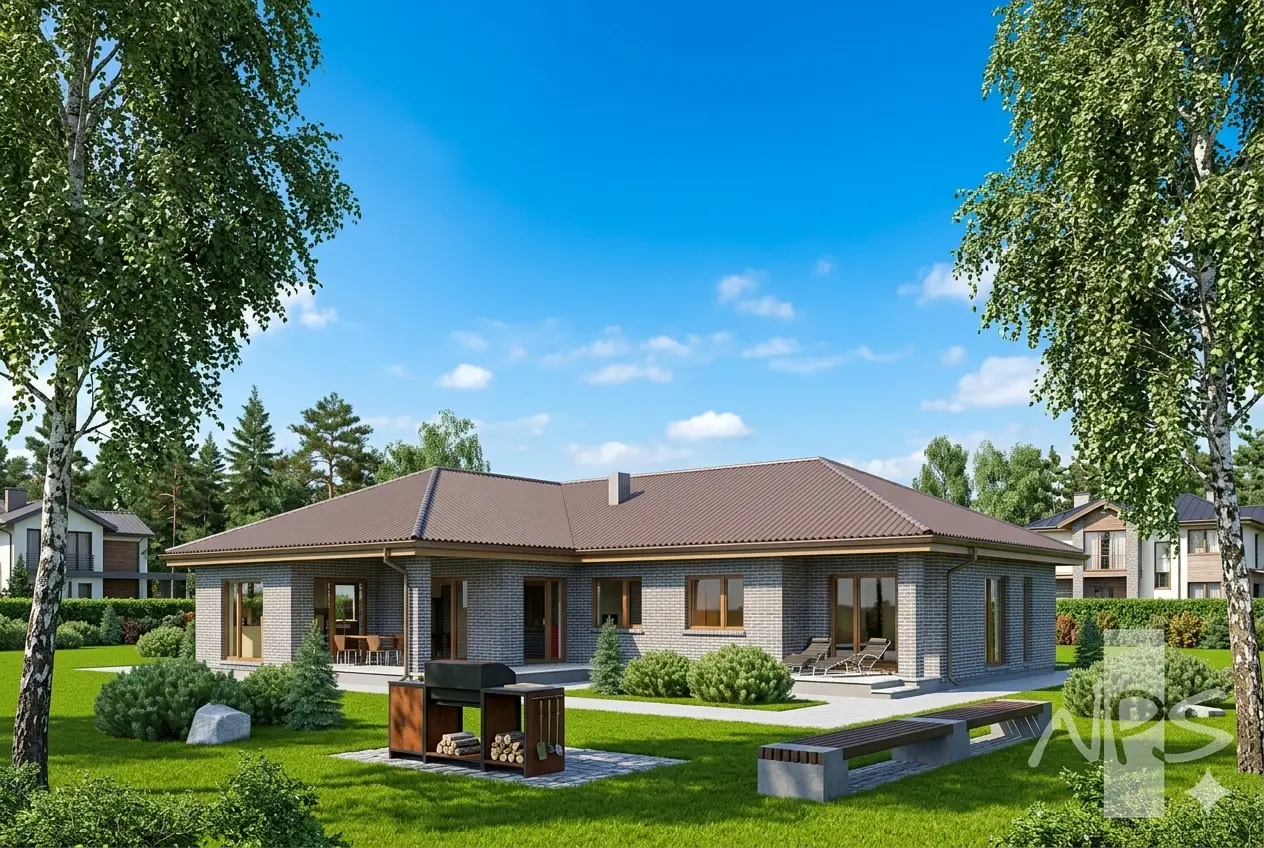 Projekt domu jednorodzinnego o pow. 186 m²: Parterowy, 3 Sypialnie, Gabinet, 2 Łazienki, Otwarta kuchnia, Wiata