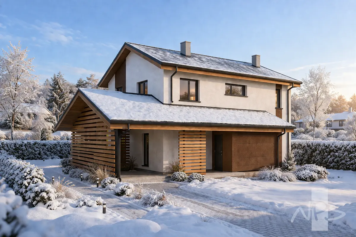 Projekt domu jednorodzinnego o pow. 176 m²: Piętrowy, 3 Sypialnie, 2 Łazienki, Otwarta kuchnia, Wiata