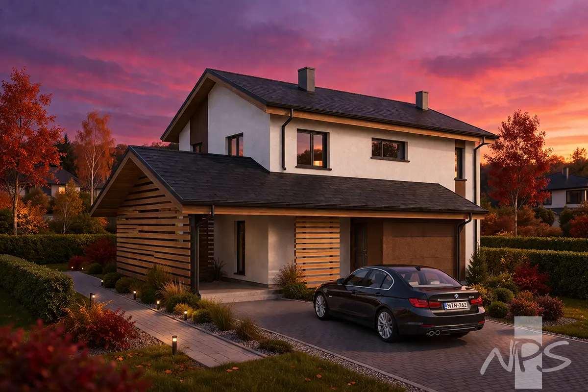 Projekt domu jednorodzinnego o pow. 176 m²: Piętrowy, 3 Sypialnie, 2 Łazienki, Otwarta kuchnia, Wiata