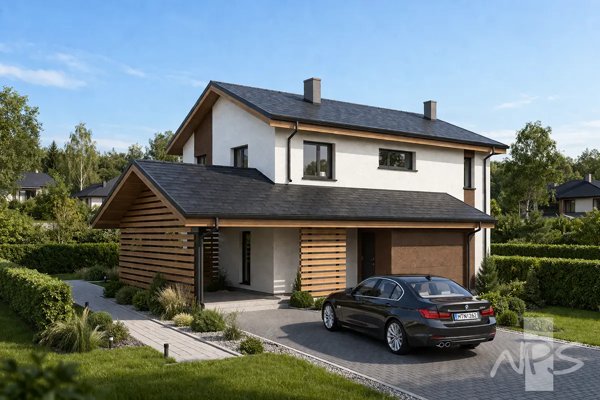 Projekt domu jednorodzinnego o pow. 176 m²: Piętrowy, 3 Sypialnie, 2 Łazienki, Otwarta kuchnia, Wiata