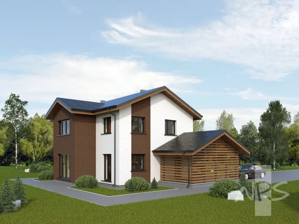 Projekt domu jednorodzinnego o pow. 176 m²: Piętrowy, 3 Sypialnie, 2 Łazienki, Otwarta kuchnia, Wiata