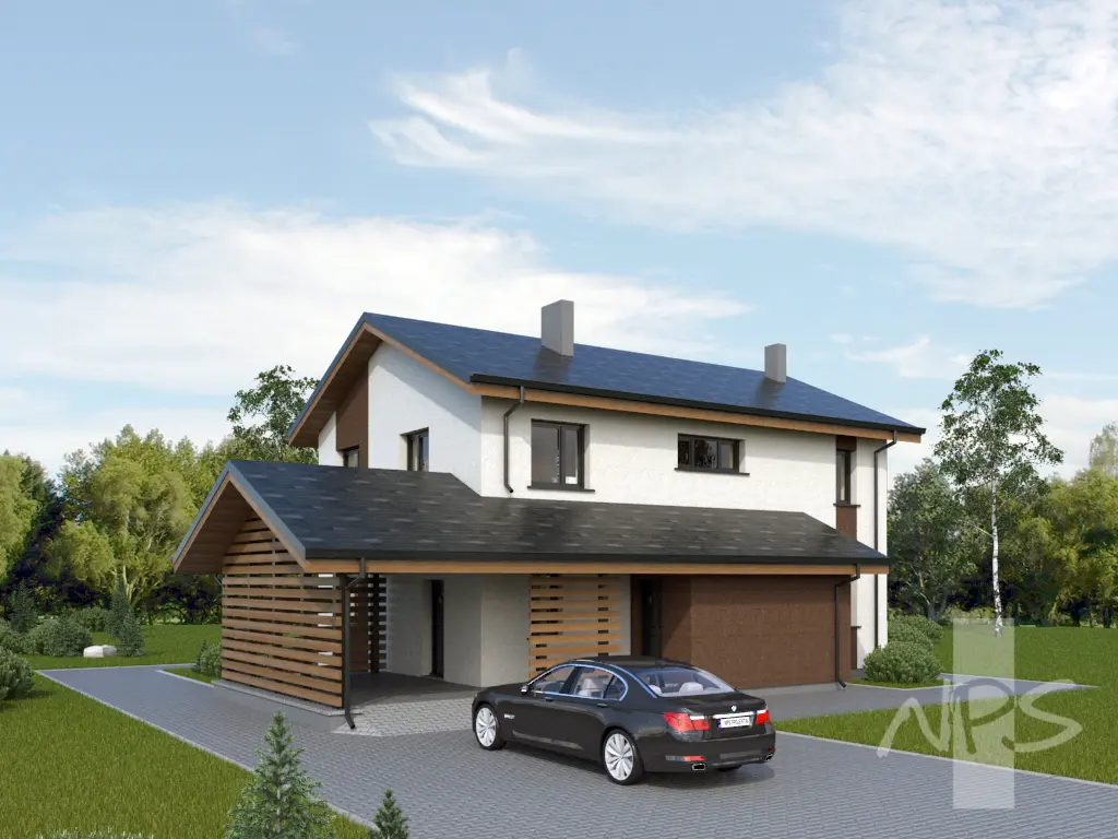 Projekt domu jednorodzinnego o pow. 176 m²: Piętrowy, 3 Sypialnie, 2 Łazienki, Otwarta kuchnia, Wiata