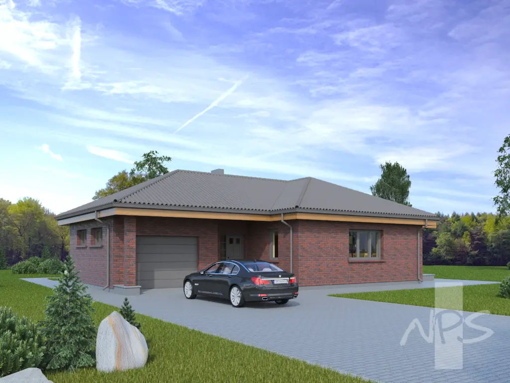 Projekt domu jednorodzinnego o pow. 145 m²: Parterowy, 3 Sypialnie, 1 Łazienki, Otwarta kuchnia, Garaż