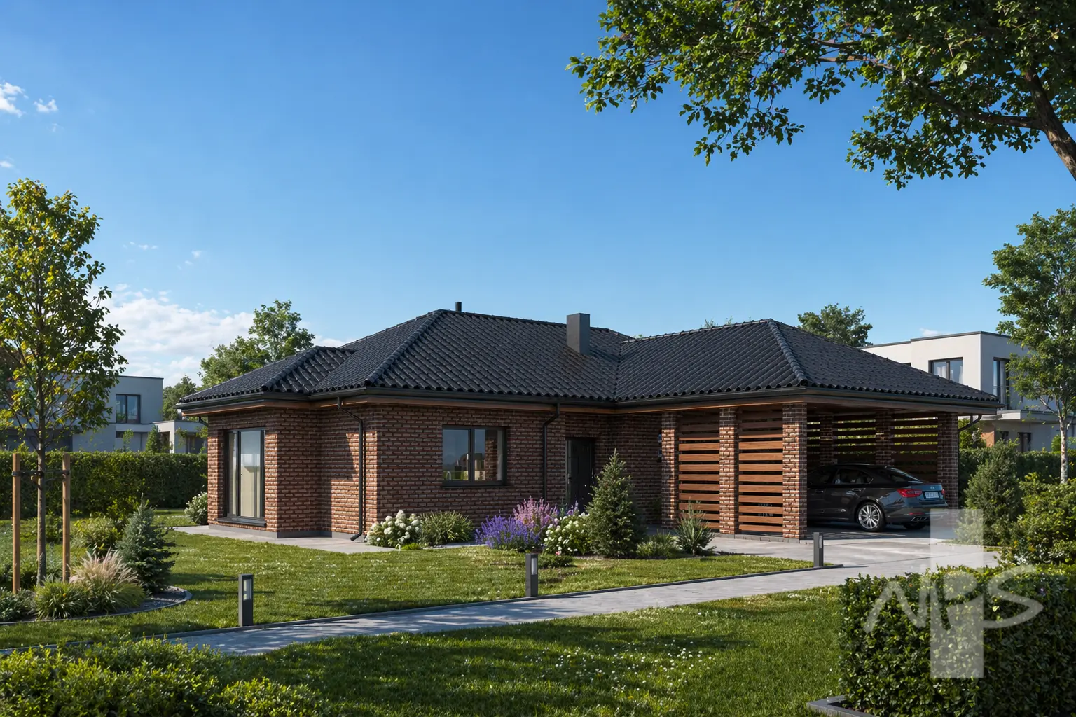 Projekt domu jednorodzinnego o pow. 132 m²: Parterowy, 3 Sypialnie, 1 Łazienki, Otwarta kuchnia, Wiata