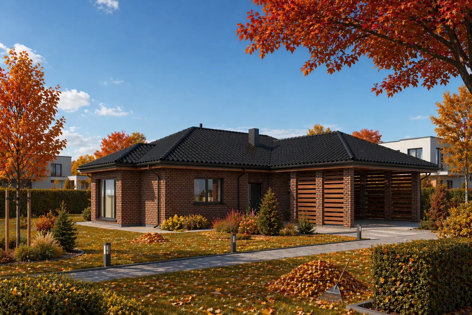 Projekt domu jednorodzinnego o pow. 132 m²: Parterowy, 3 Sypialnie, 1 Łazienki, Otwarta kuchnia, Wiata