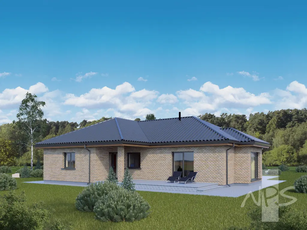 Projekt domu jednorodzinnego o pow. 132 m²: Parterowy, 3 Sypialnie, 1 Łazienki, Otwarta kuchnia, Wiata