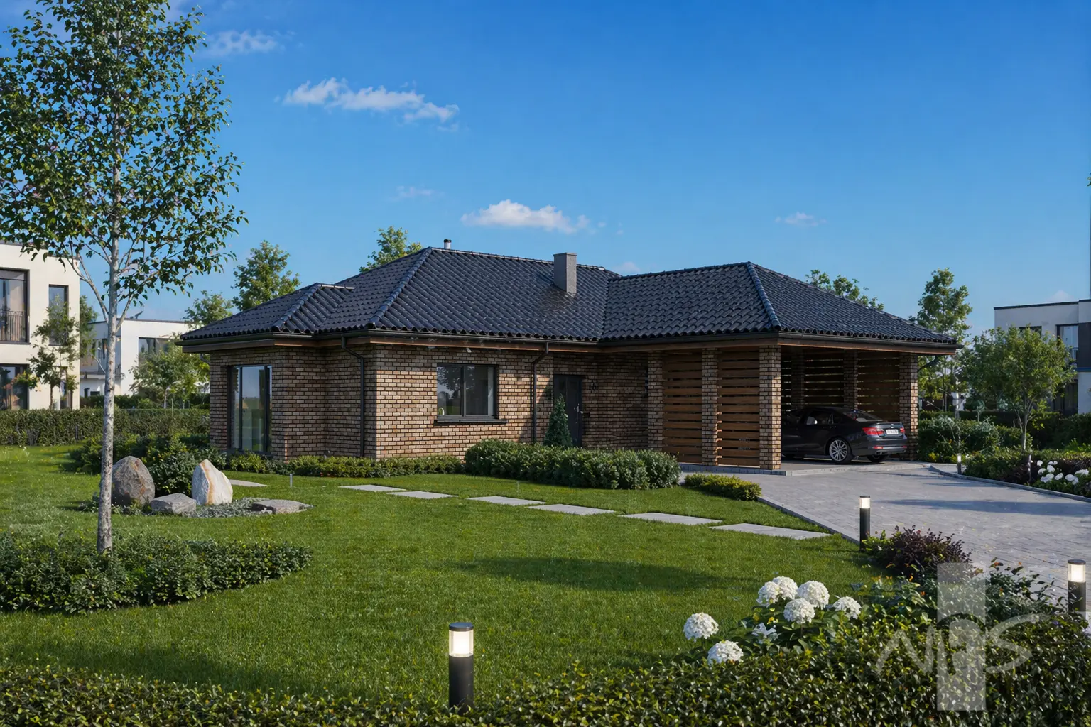 Projekt domu jednorodzinnego o pow. 132 m²: Parterowy, 3 Sypialnie, 1 Łazienki, Otwarta kuchnia, Wiata