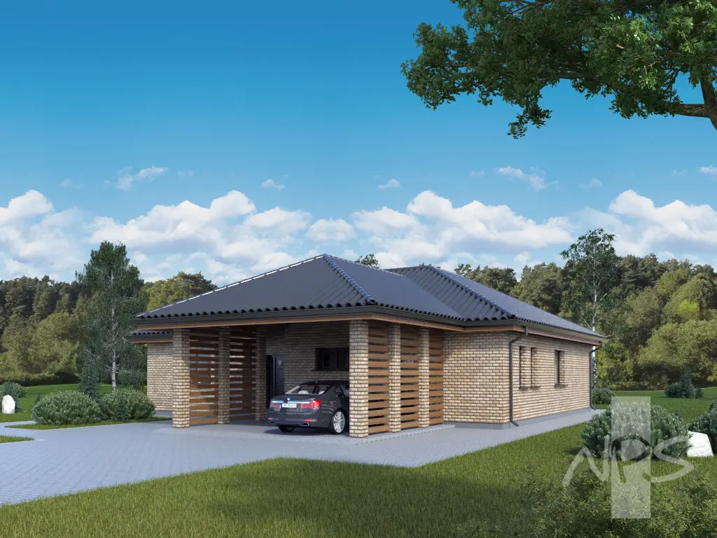 Projekt domu jednorodzinnego o pow. 132 m²: Parterowy, 3 Sypialnie, 1 Łazienki, Otwarta kuchnia, Wiata