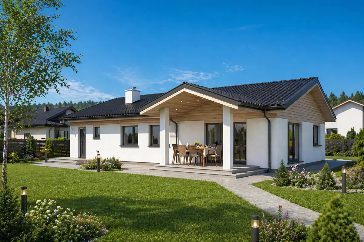 Projekt domu jednorodzinnego o pow. 158 m²: Parterowy, 3 Sypialnie, 2 Łazienki, Garaż