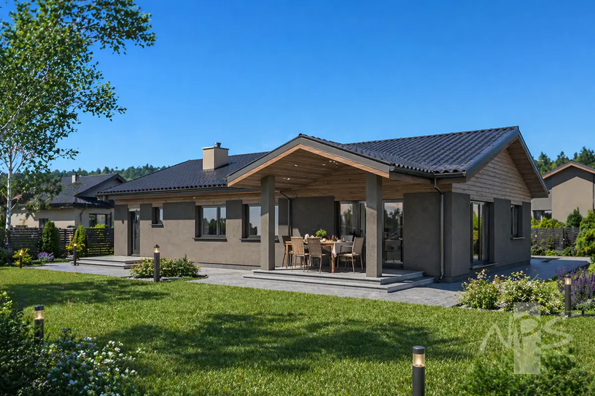 Projekt domu jednorodzinnego o pow. 158 m²: Parterowy, 3 Sypialnie, 2 Łazienki, Garaż