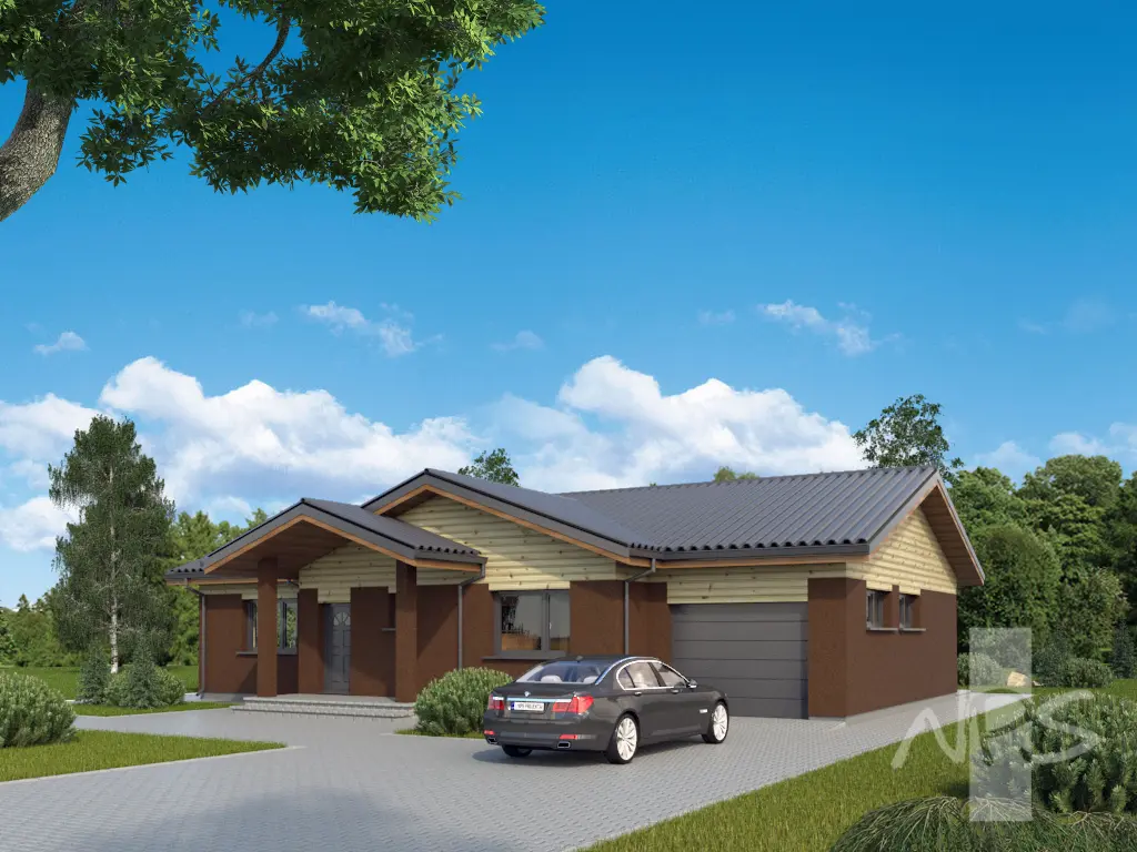 Projekt domu jednorodzinnego o pow. 158 m²: Parterowy, 3 Sypialnie, 2 Łazienki, Garaż