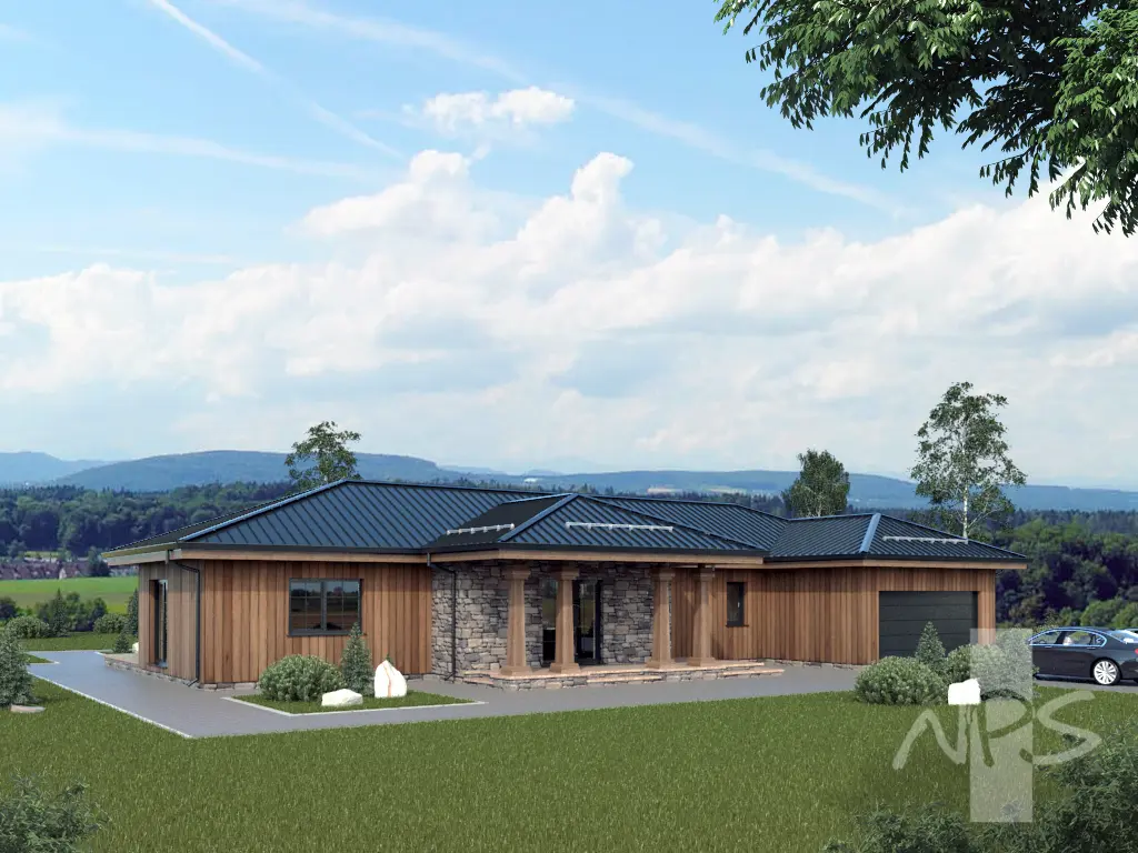 Projekt domu jednorodzinnego o pow. 219 m²: Parterowy, 3 Sypialnie, Gabinet, 2 Łazienki, Otwarta kuchnia, Garaż