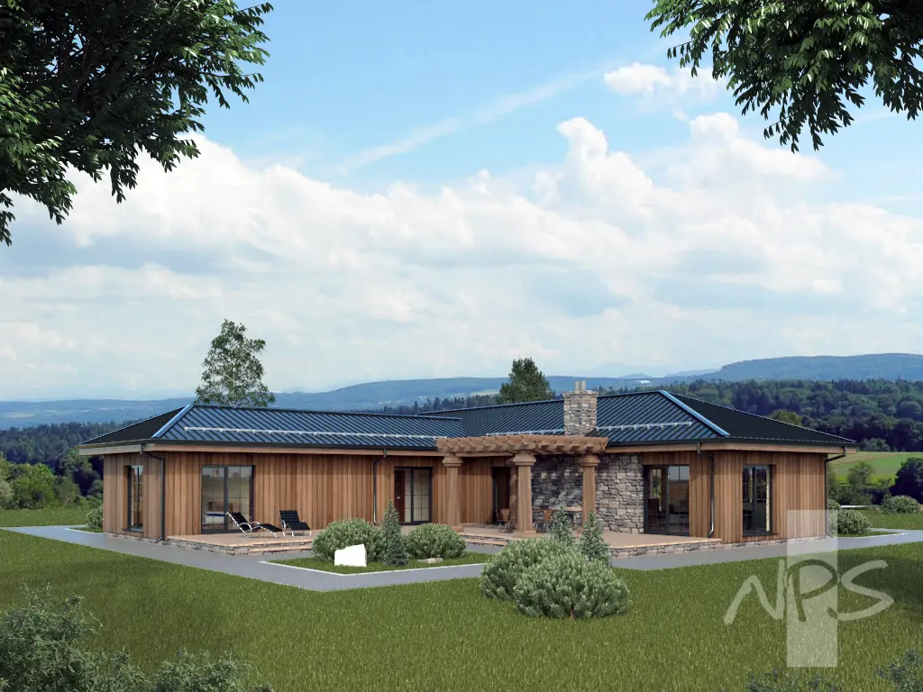 Projekt domu jednorodzinnego o pow. 219 m²: Parterowy, 3 Sypialnie, Gabinet, 2 Łazienki, Otwarta kuchnia, Garaż