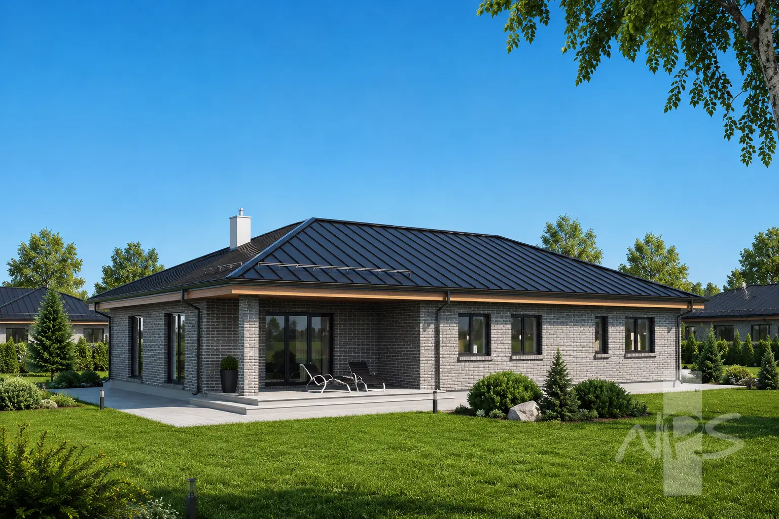 Projekt domu jednorodzinnego o pow. 161 m²: Parterowy, 3 Sypialnie, 2 Łazienki, Wiata