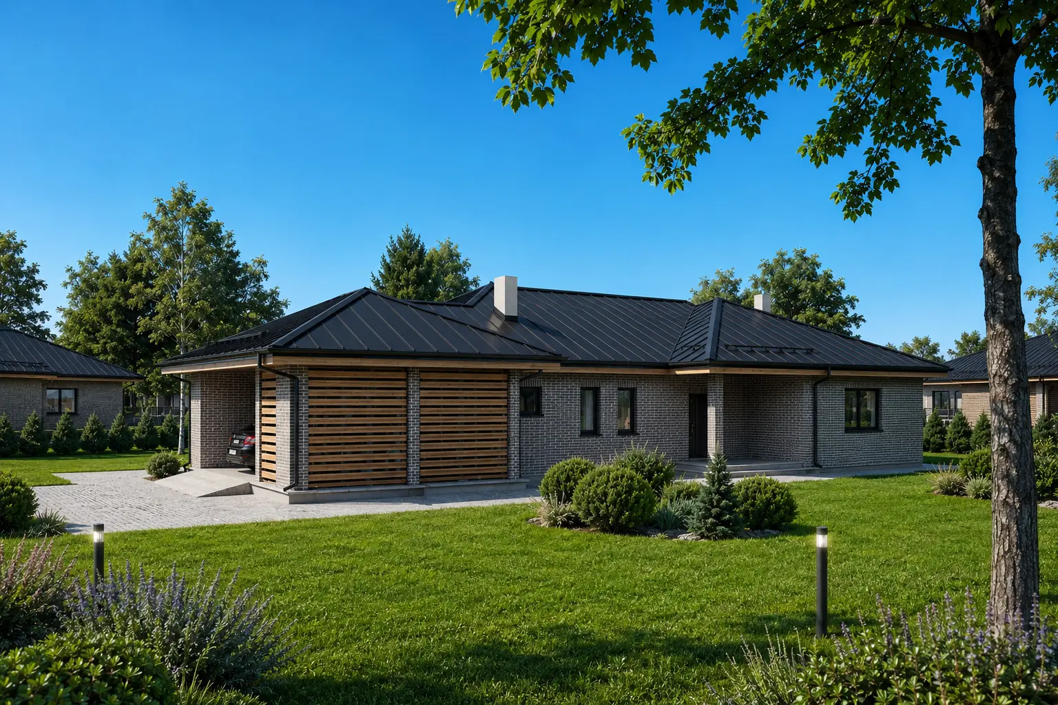 Projekt domu jednorodzinnego o pow. 161 m²: Parterowy, 3 Sypialnie, 2 Łazienki, Wiata