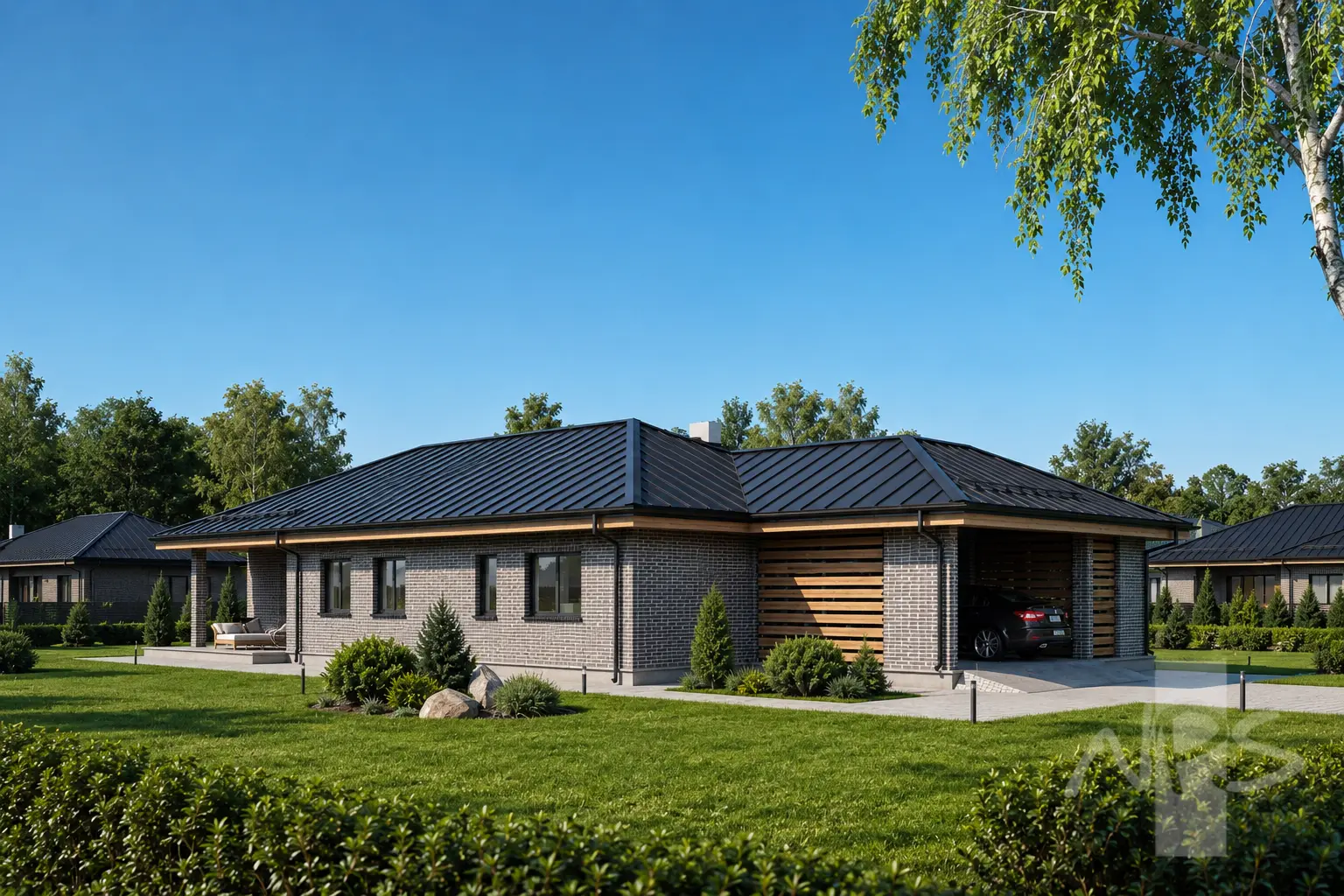 Projekt domu jednorodzinnego o pow. 161 m²: Parterowy, 3 Sypialnie, 2 Łazienki, Wiata