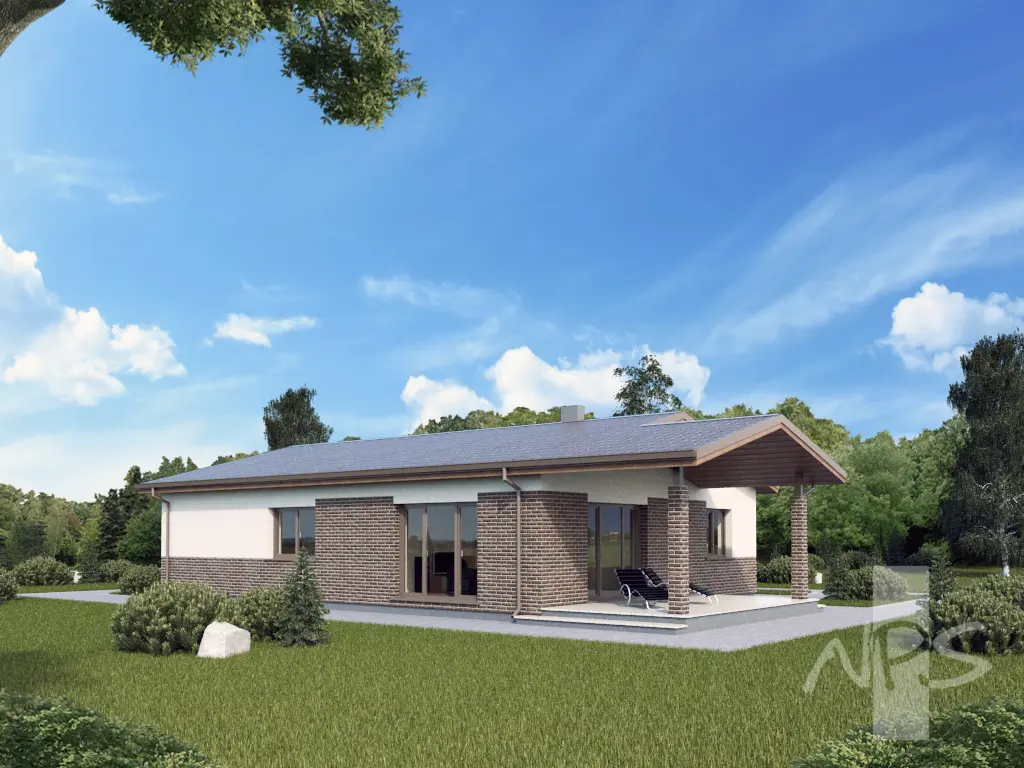 Projekt domu jednorodzinnego o pow. 158 m²: Parterowy, 3 Sypialnie, Gabinet, 1 Łazienki, Garaż