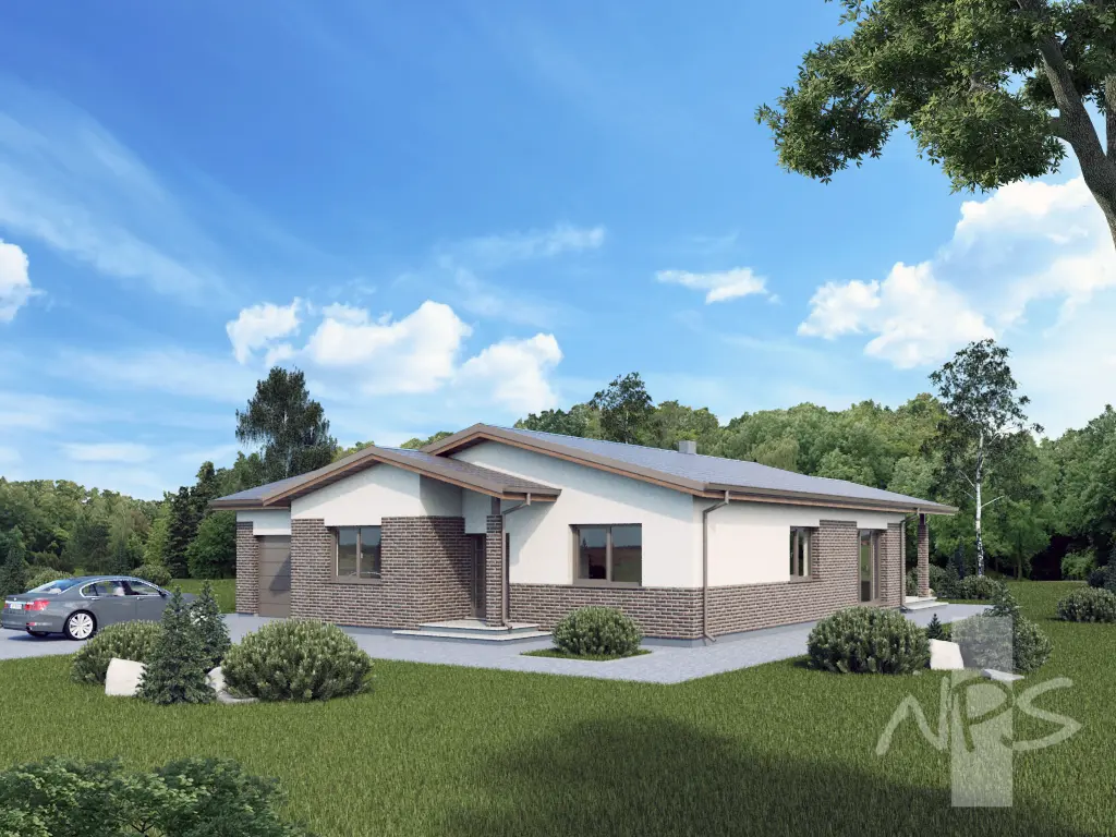 Projekt domu jednorodzinnego o pow. 158 m²: Parterowy, 3 Sypialnie, Gabinet, 1 Łazienki, Garaż