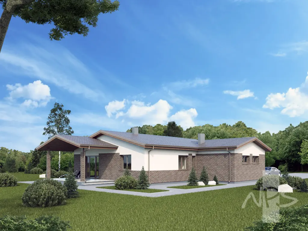 Projekt domu jednorodzinnego o pow. 158 m²: Parterowy, 3 Sypialnie, Gabinet, 1 Łazienki, Garaż