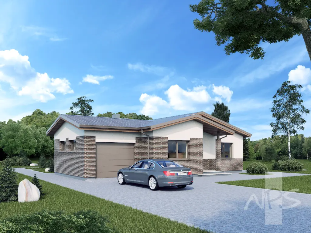 Projekt domu jednorodzinnego o pow. 158 m²: Parterowy, 3 Sypialnie, Gabinet, 1 Łazienki, Garaż