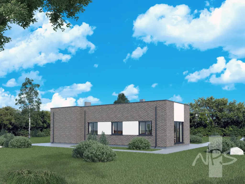 Projekt domu jednorodzinnego o pow. 107 m²: Parterowy, 2 Sypialnie, 1 Łazienki, Otwarta kuchnia, Garaż
