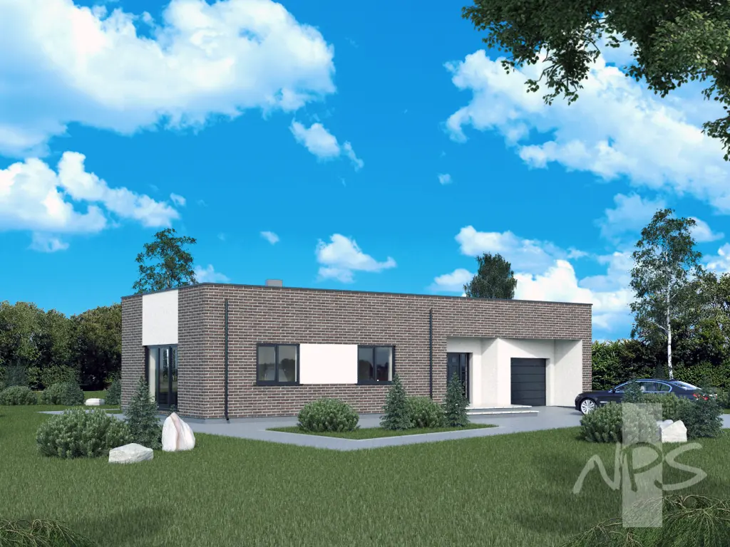 Projekt domu jednorodzinnego o pow. 107 m²: Parterowy, 2 Sypialnie, 1 Łazienki, Otwarta kuchnia, Garaż