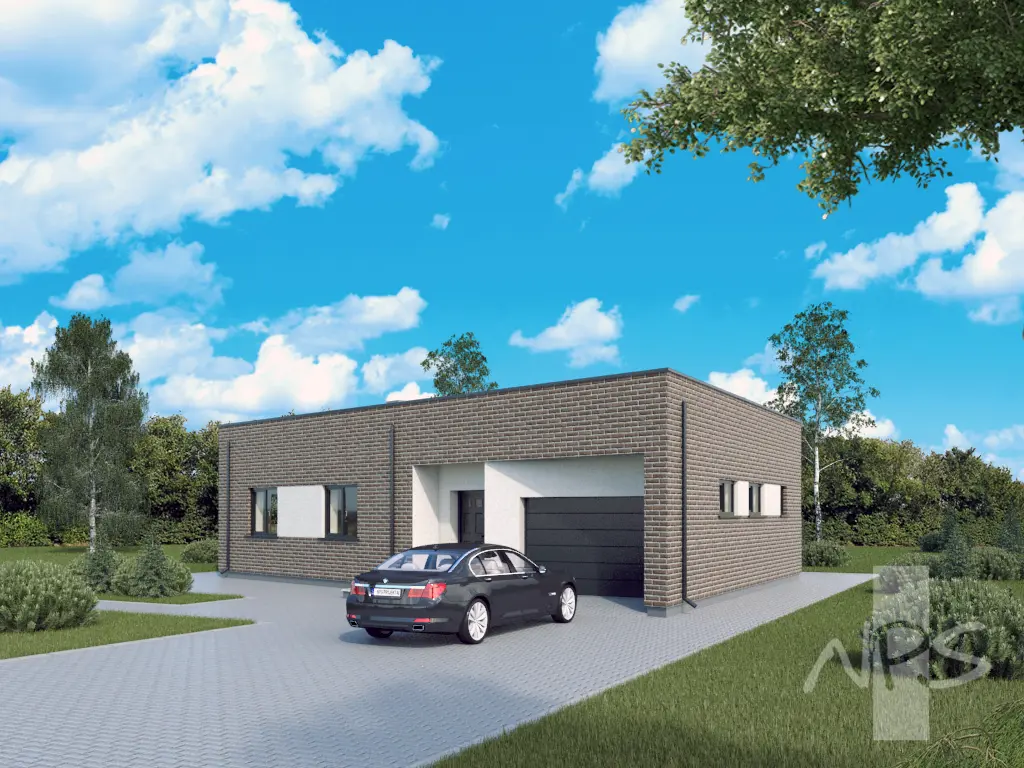 Projekt domu jednorodzinnego o pow. 107 m²: Parterowy, 2 Sypialnie, 1 Łazienki, Otwarta kuchnia, Garaż