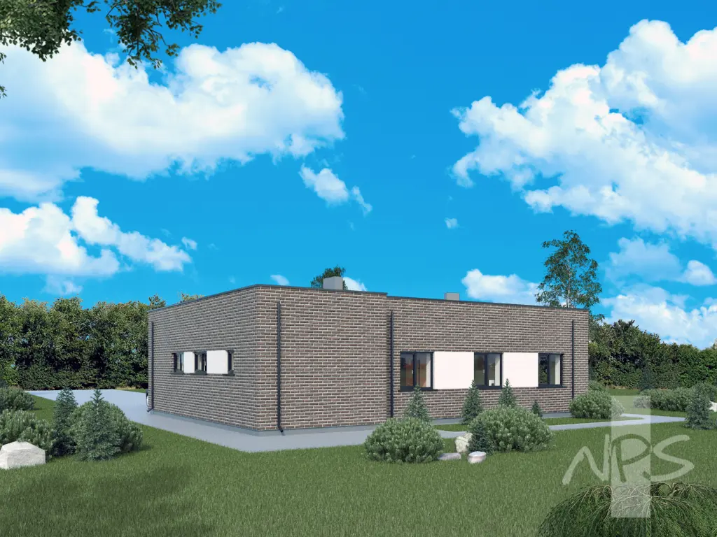 Projekt domu jednorodzinnego o pow. 107 m²: Parterowy, 2 Sypialnie, 1 Łazienki, Otwarta kuchnia, Garaż
