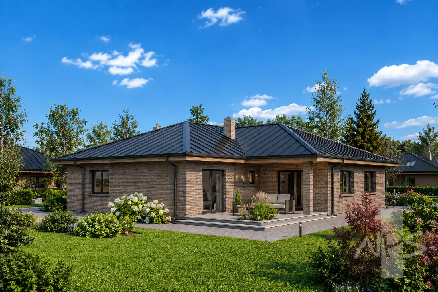 Projekt domu jednorodzinnego o pow. 202 m²: Parterowy, 3 Sypialnie, 2 Łazienki, Garaż
