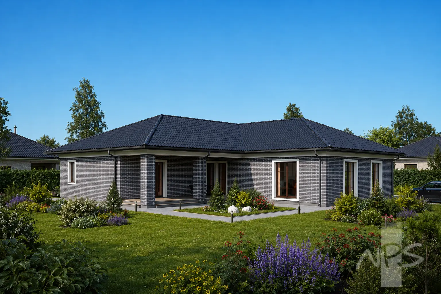 Projekt domu jednorodzinnego o pow. 225 m²: Parterowy, 3 Sypialnie, 3 Łazienki, Garaż