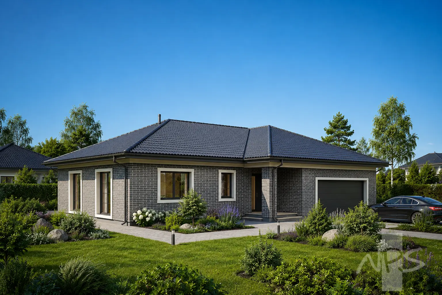 Projekt domu jednorodzinnego o pow. 225 m²: Parterowy, 3 Sypialnie, 3 Łazienki, Garaż