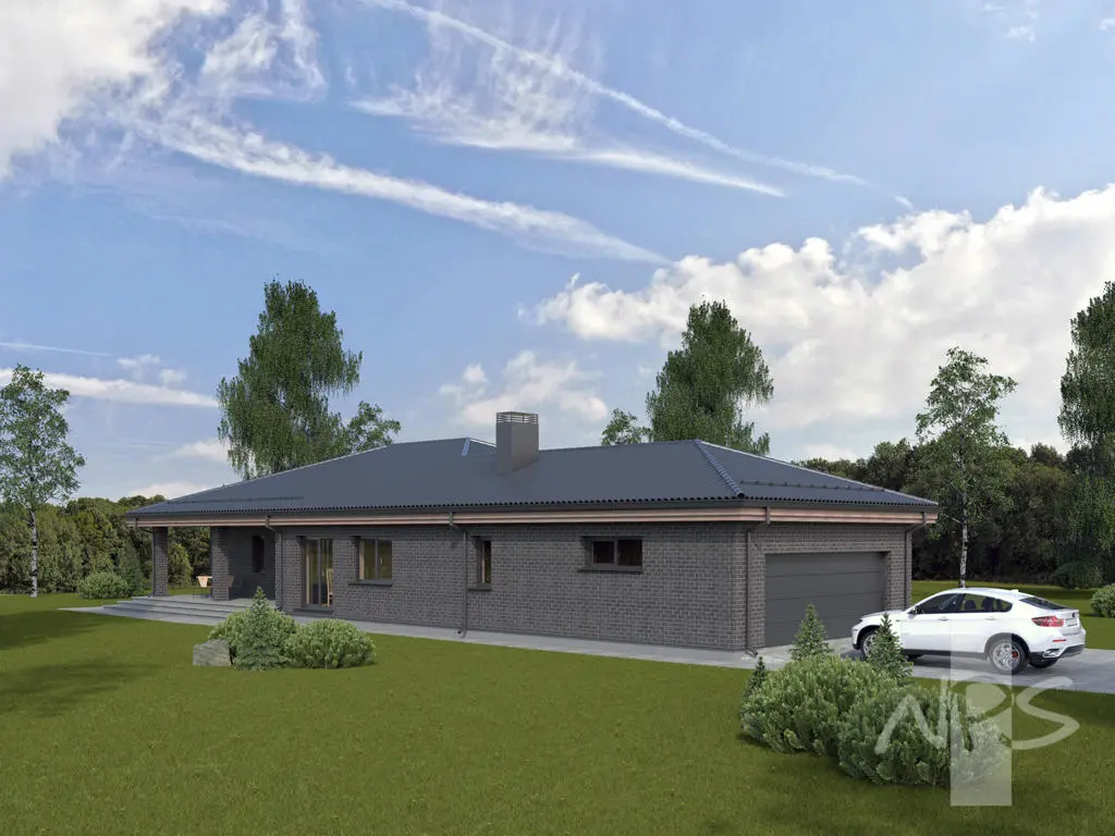 Projekt domu jednorodzinnego o pow. 199 m²: Parterowy, 3 Sypialnie, Gabinet, 1 Łazienki, Garaż