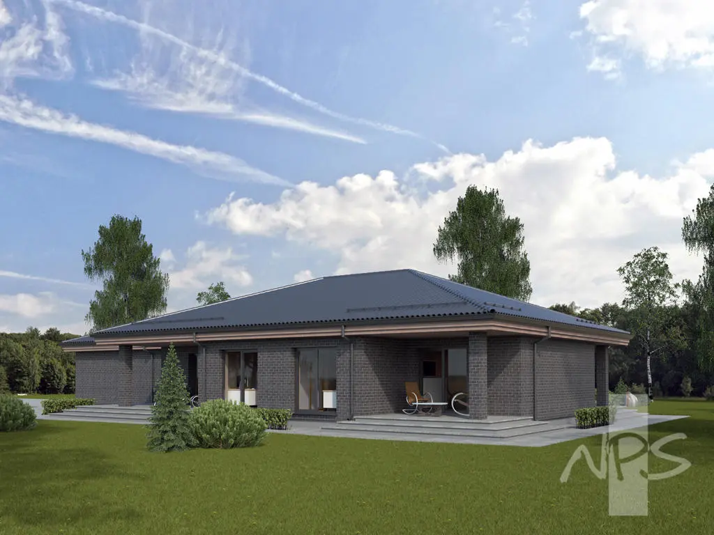 Projekt domu jednorodzinnego o pow. 199 m²: Parterowy, 3 Sypialnie, Gabinet, 1 Łazienki, Garaż