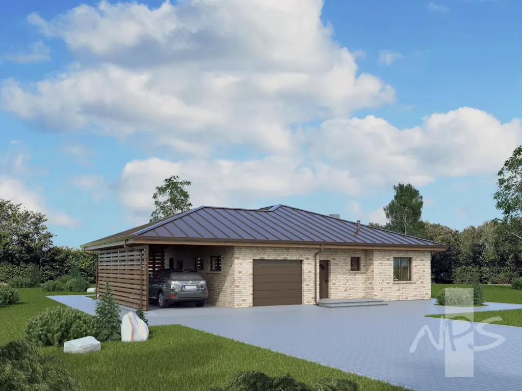 Projekt domu jednorodzinnego o pow. 164 m²: Parterowy, 3 Sypialnie, 1 Łazienki, Wiata