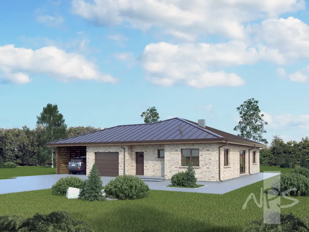 Projekt domu jednorodzinnego o pow. 164 m²: Parterowy, 3 Sypialnie, 1 Łazienki, Wiata