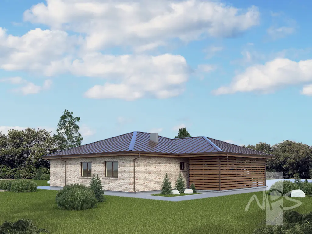 Projekt domu jednorodzinnego o pow. 164 m²: Parterowy, 3 Sypialnie, 1 Łazienki, Wiata