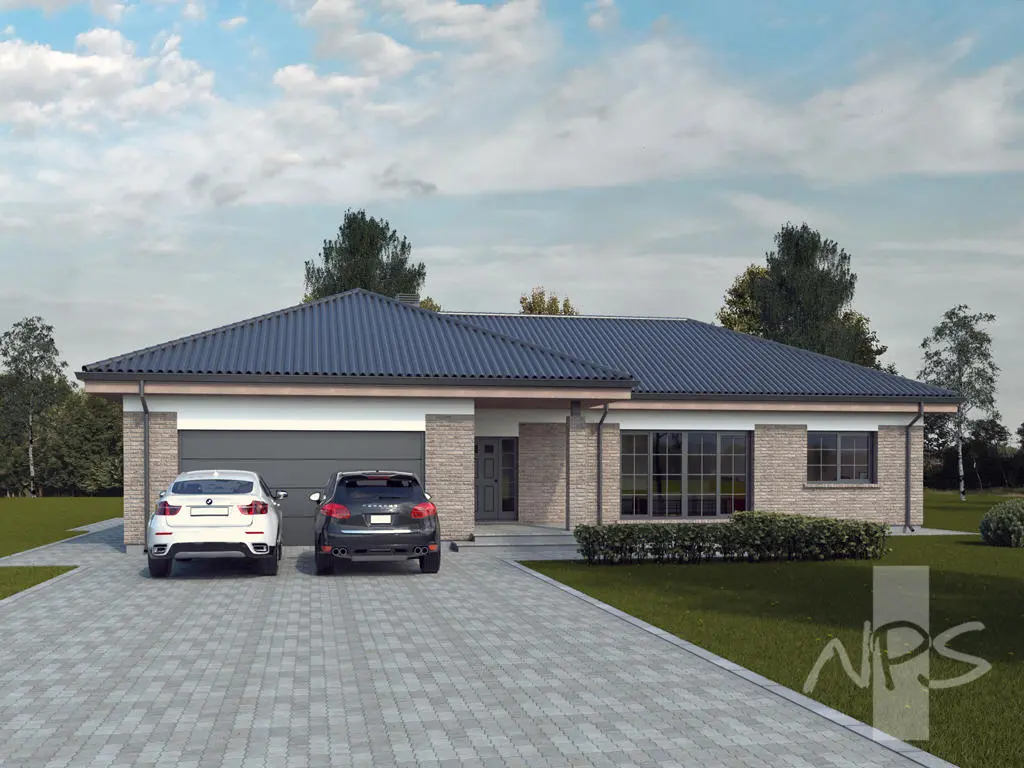 Projekt domu jednorodzinnego o pow. 173 m²: Parterowy, 4 Sypialnie, 1 Łazienki, Otwarta kuchnia, Garaż