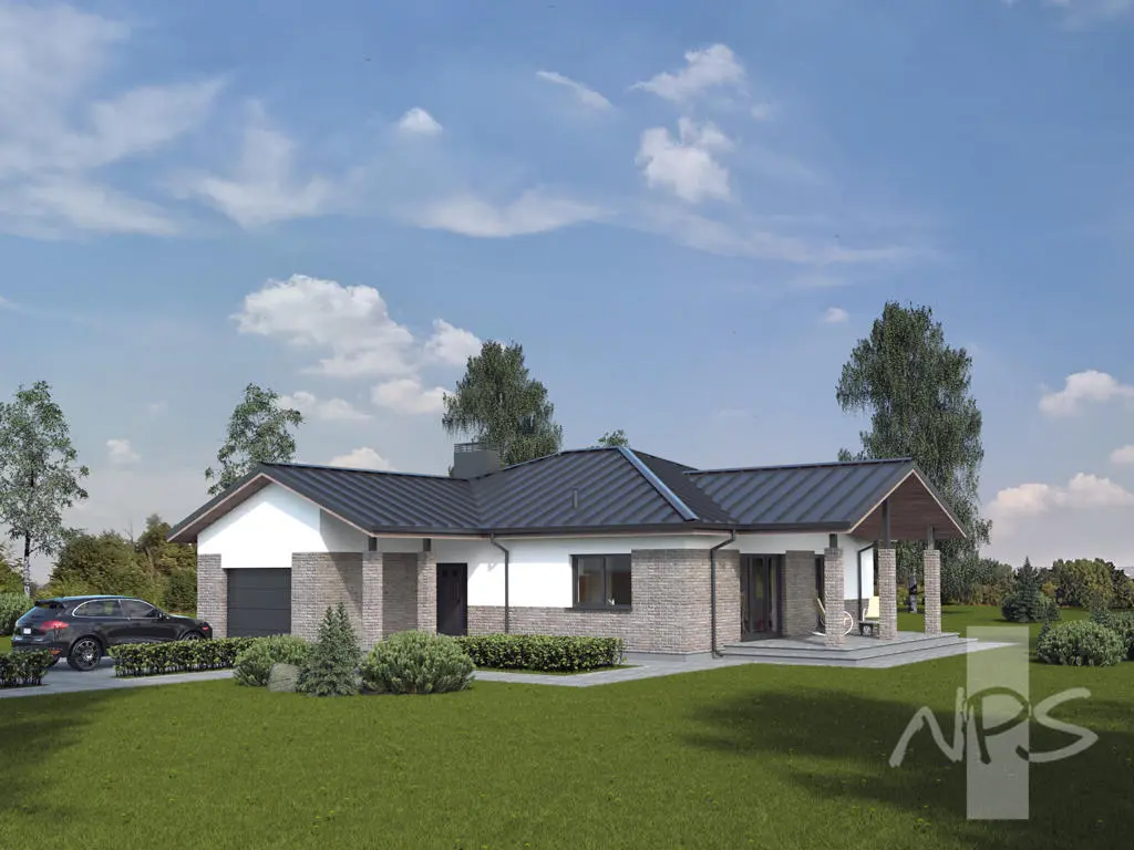 Projekt domu jednorodzinnego o pow. 147 m²: Parterowy, 3 Sypialnie, 2 Łazienki, Otwarta kuchnia, Garaż