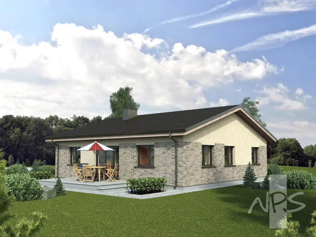 Projekt domu jednorodzinnego o pow. 140 m²: Parterowy, 3 Sypialnie, 1 Łazienki, Otwarta kuchnia, Garaż