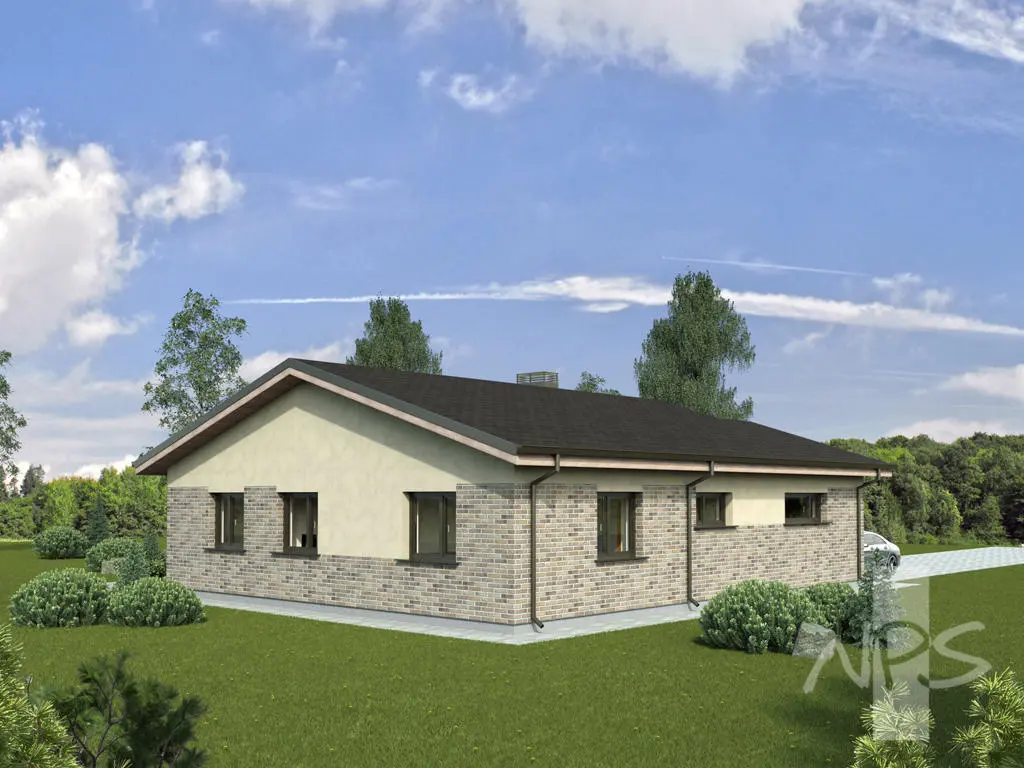 Projekt domu jednorodzinnego o pow. 140 m²: Parterowy, 3 Sypialnie, 1 Łazienki, Otwarta kuchnia, Garaż