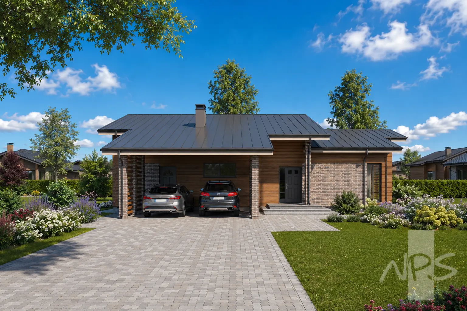 Projekt domu jednorodzinnego o pow. 175 m²: Parterowy, 3 Sypialnie, 2 Łazienki, Otwarta kuchnia, Wiata