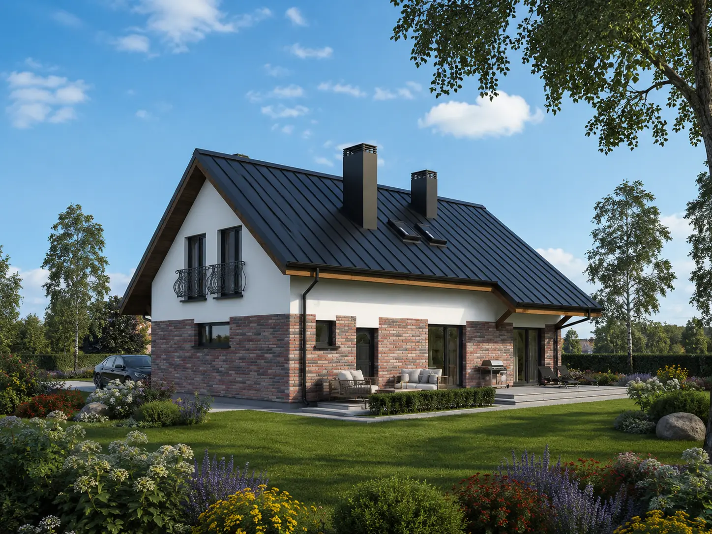 Projekt domu jednorodzinnego o pow. 180 m²: Parterowy z poddaszem użytkowym, 3 Sypialnie, Gabinet, 2 Łazienki, Otwarta kuchnia, Garaż